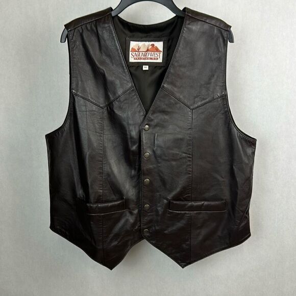 Saguro West Leather Vest Brown Mens Sz XL Western Snap Button - Picture 1 of 7